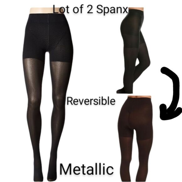 Lot of 2 Spanx Tights One Reversible black and brown And One Metallic shimmer A - Picture 1 of 10